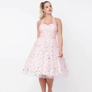 NWT Unique Vintage Pink & Rainbow Hearts Garden State Swing Dress